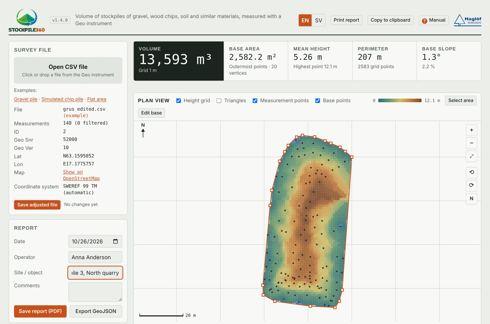 Stockpile360 showing results and the plan view of a gravel pile